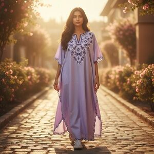 Beautiful Purple Embroidered Flowered along Cotton Kaftan